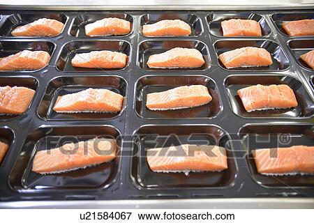 Stock Photo - Fish filets in packaging in factory. Fotosearch
