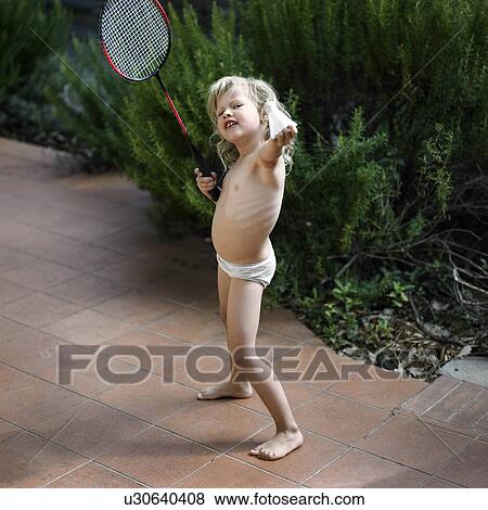 Stock Photo - Girl playing badminton in underwear. Fotosearch