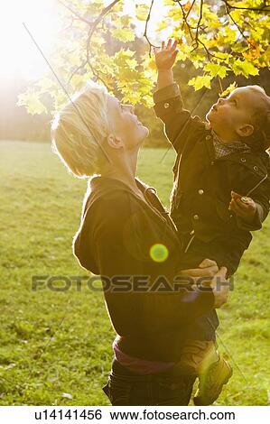 Stock Photograph - Mother and son examining leaves in park. Fotosearch
