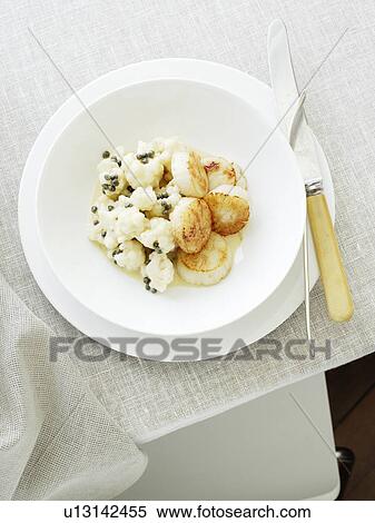 Plate of scallops and cauliflower View Large Photo Image Stock Photography - Plate of scallops and cauliflower. Fotosearch