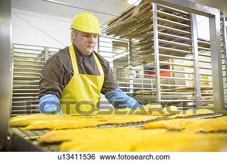 Worker examining smoked fish in factory View Large Photo Image Stock Photograph - Worker examining smoked fish in factory. Fotosearch
