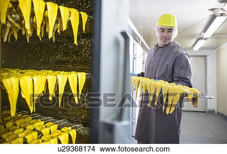 Picture - Worker smoking haddock filets in factory. Fotosearch