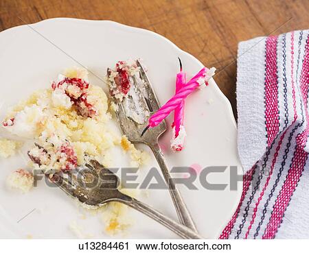 Candles on plate with scraps of cake View Large Photo Image Stock Image - Candles on plate with scraps of cake. Fotosearch