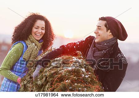 Picture - Couple carrying christmas tree. Fotosearch