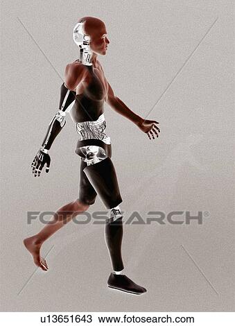 Stock Image - Cyborg walking on binary code background. Fotosearch