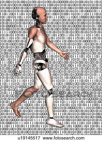 Cyborg walking on binary code background View Large Photo Image Stock Photo - Cyborg walking on binary code background. Fotosearch