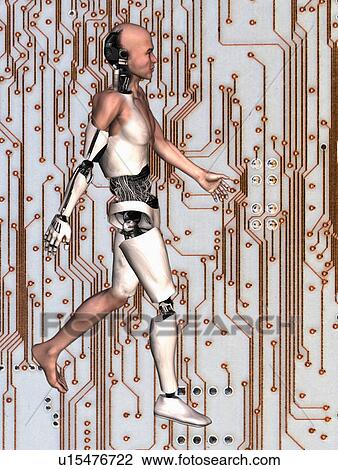 Cyborg walking on computer chip background View Large Photo Image Stock Image - Cyborg walking on computer chip background. Fotosearch