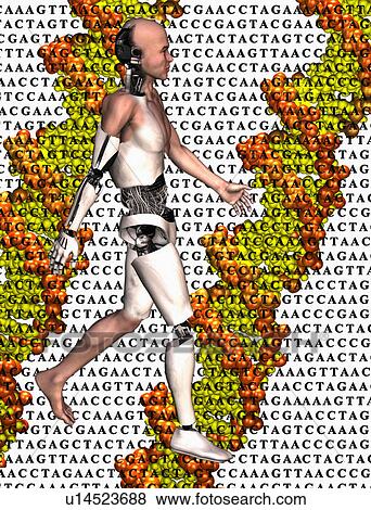 Stock Photo - Cyborg walking on DNA sequence background. Fotosearch