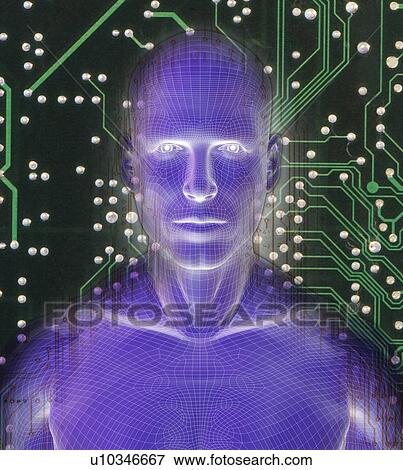 Stock Photo - Digitally generated male figure against micro chip background. Fotosearch