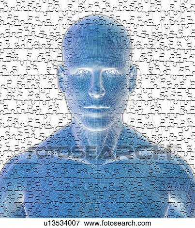 Stock Photo - Digitally generated male figure against puzzle background. Fotosearch
