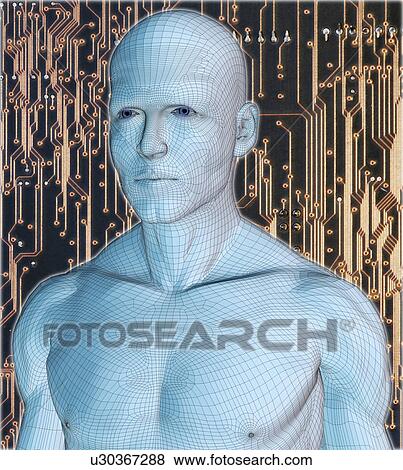 Digitally generated male figure against micro chip background View Large Photo Image Stock Photo - Digitally generated male figure against micro chip background. Fotosearch