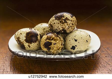 Stock Image - Quail eggs on table. Fotosearch
