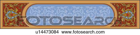 Clipart - Arabesque Designed header with an Orange rectangle with red, blue and brown leaf pattern and blue oval center . Fotosearch