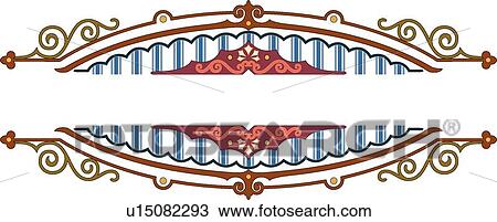 Clipart - Banner header with blue stripes and red, green and gold accents. Fotosearch