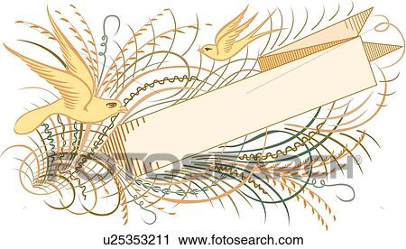 Clipart - Birds flying with wheat and banner Calligraphic Design. Fotosearch