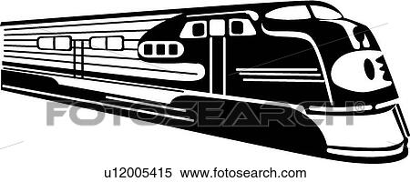 Clipart - Black and white Retro illustration of a speeding train. Fotosearch