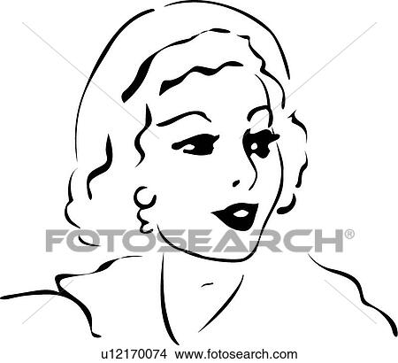 Clipart - Black and white Retro illustration of head and shoulder shot of woman looking away. Fotosearch