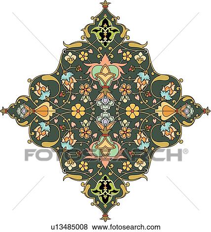 Black, green, pink and orange diamond shaped Arabesque Design with floral accents View Large Clip Art Graphic Clip Art - Black, green, pink and orange diamond shaped Arabesque Design with floral accents. Fotosearch