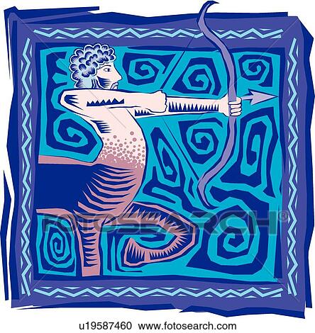 Clipart - Blue and brown Fiesta illustration of a centaur with bow and arrow. Fotosearch