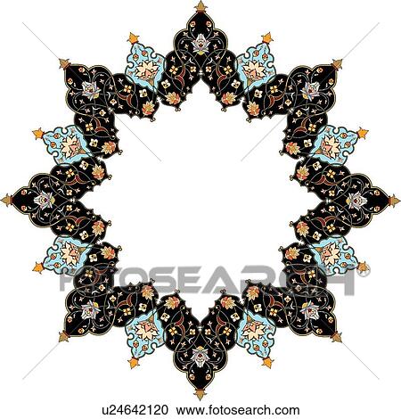 Clipart - blue, black, gold and brown star shaped Arabesque frame. Fotosearch