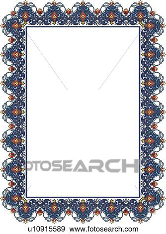 Clip Art - Blue, brown and yellow flower arabesque Border. Fotosearch