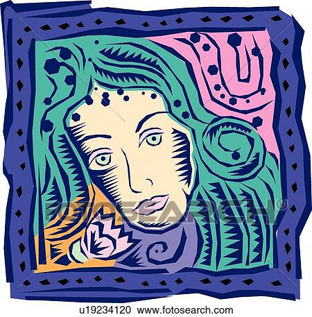 Clipart - Blue frame around a sad woman's face. Fotosearch