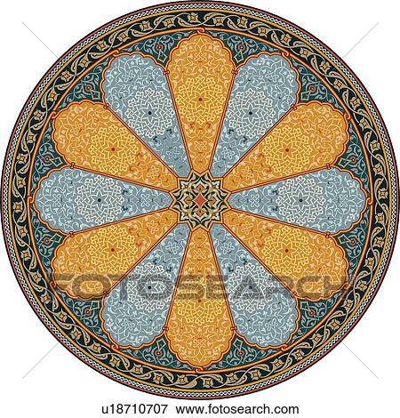 Blue, gold orange and green cirular flower pattern Arabesque Design View Large Clip Art Graphic Clip Art - Blue, gold orange and green cirular flower pattern Arabesque Design. Fotosearch