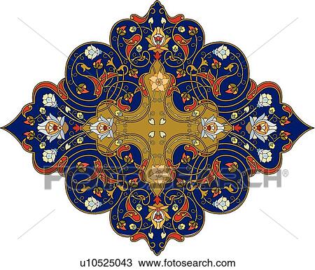 Clipart - Blue, gold red and orange Arabesque Design. Fotosearch
