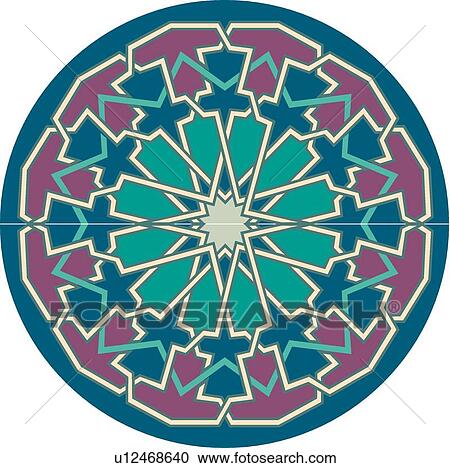 Clipart - Blue, green, red and tan round Arabesque Design. Fotosearch