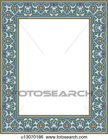 Clip Art - Blue, orange and green fancy arabesque Border. Fotosearch