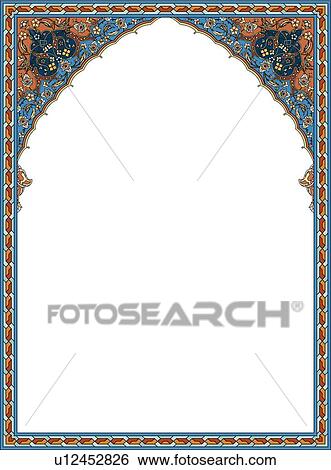 Blue, orange and red vertical Arabesque frame with decorative upper corners View Large Clip Art Graphic Clip Art - Blue, orange and red vertical Arabesque frame with decorative upper corners. Fotosearch
