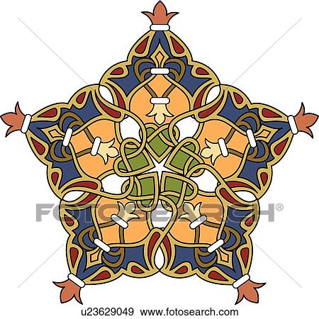 Clip Art - Blue, orange, red and gold interlaced Arabesque Design. Fotosearch
