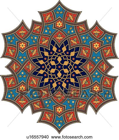 Clipart - Blue, red, orange and black leaf pattern Arabesque Design. Fotosearch
