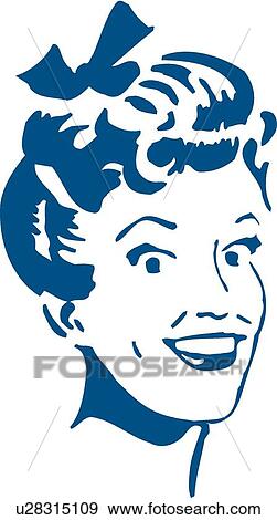 Clip Art - Blue Retro illustration of head and shoulder shot of a woman. Fotosearch