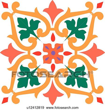 Clip Art - Bright Orange and green flower Design Ornament. Fotosearch