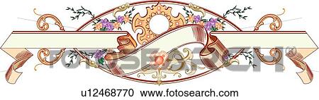 Clipart - Brown and white Ribbon trough orange, green and purple floral oval. Fotosearch