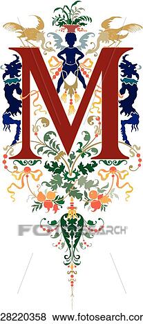 Clip Art - Brown capital letter M with dragons, birds and plants. Fotosearch
