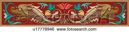 Clip Art - Brown, coral and teal rectangle with serpents Design Ornament. Fotosearch
