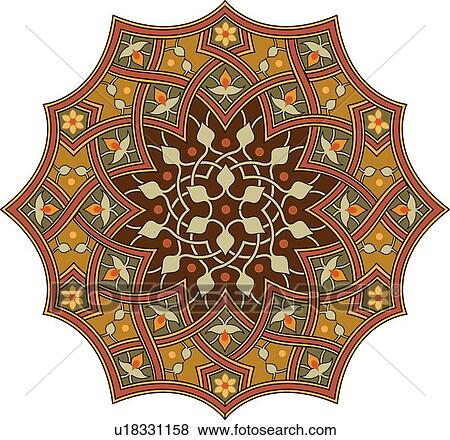Brown, green, red and orange star shaped flower pattern Arabesque Design View Large Clip Art Graphic Clip Art - Brown, green, red and orange star shaped flower pattern Arabesque Design. Fotosearch
