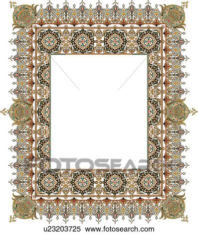 Clipart - Brown, red and green and blue rectangle Arabesque frame. Fotosearch