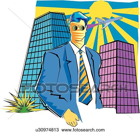 Clipart - Businessman with plane and a building. Fotosearch