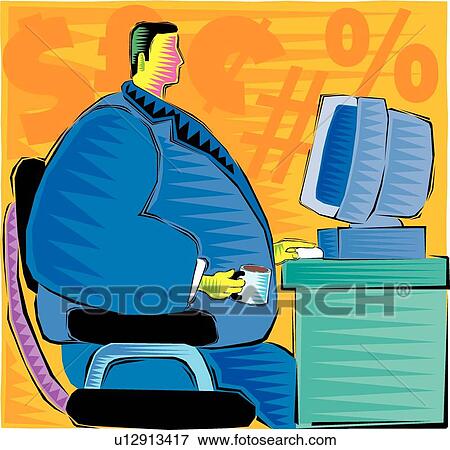 Clip Art - Businessman working on a computer . Fotosearch