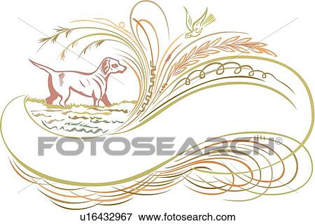 Clip Art - Calligraphic Design of a dog in water and a bird in the grass. Fotosearch