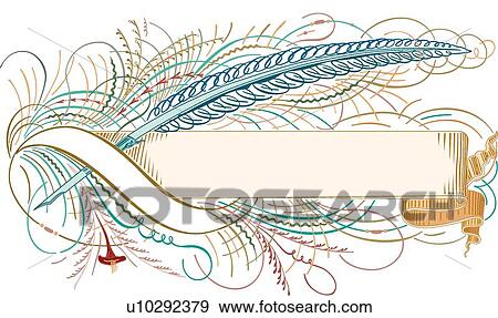 Clip Art - Calligraphic Design of a feather pen and banner. Fotosearch