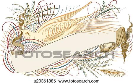 Clipart - Calligraphic Design of bird flying with wheat and banner. Fotosearch