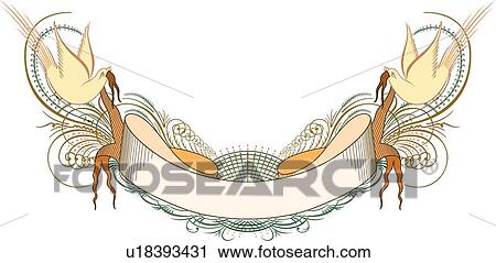Clipart - Calligraphic Design of birds holding banner. Fotosearch