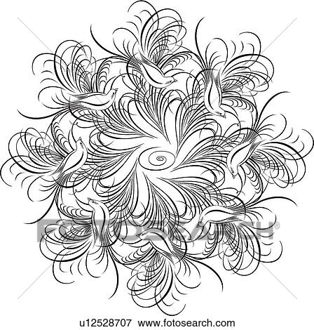Clip Art - Calligraphic Design of eight birds in a feather nest. Fotosearch