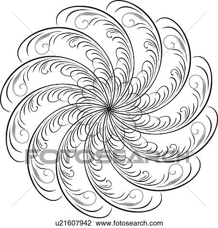 Clipart - Calligraphic Design of feather and a flower in a circle pattern. Fotosearch