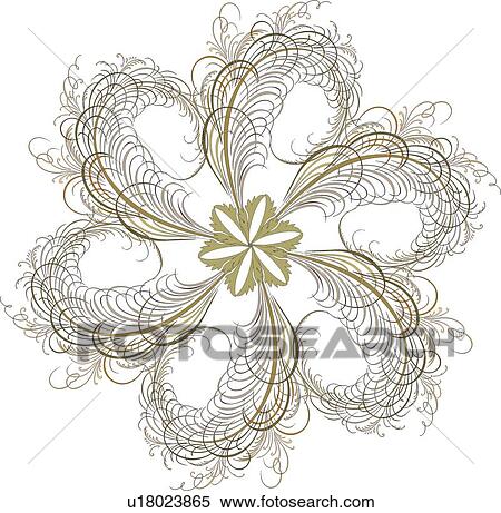 Clipart - Calligraphic Design of gold feathers and a green flower in a circle. Fotosearch