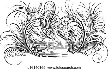 Clip Art - Calligraphic Design of tow birds watching a swan in water. Fotosearch